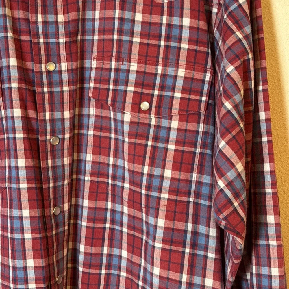 Wrangler Wrancher Men's Sz LT Long Sleeve Shirt Red White Plaid Pearl Snaps